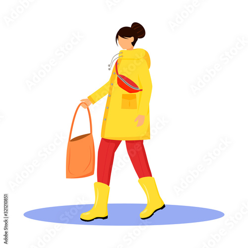 Woman in raincoat flat color vector faceless character. Walking caucasian lady in gumboots. Wet weather. Female with bag in hand isolated cartoon illustration on white background