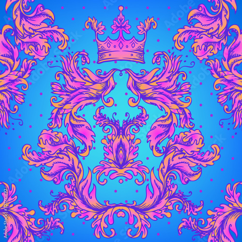 Vintage baroque floral seamless pattern in bright neon colors. 1980s style. Ornate vector decoration. Luxury, royal and Victorian concept. Vintage design with repetition. Heraldic floral texture. photo