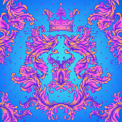 Vintage baroque floral seamless pattern in bright neon colors. 1980s style. Ornate vector decoration. Luxury, royal and Victorian concept. Vintage design with repetition. Heraldic floral texture.