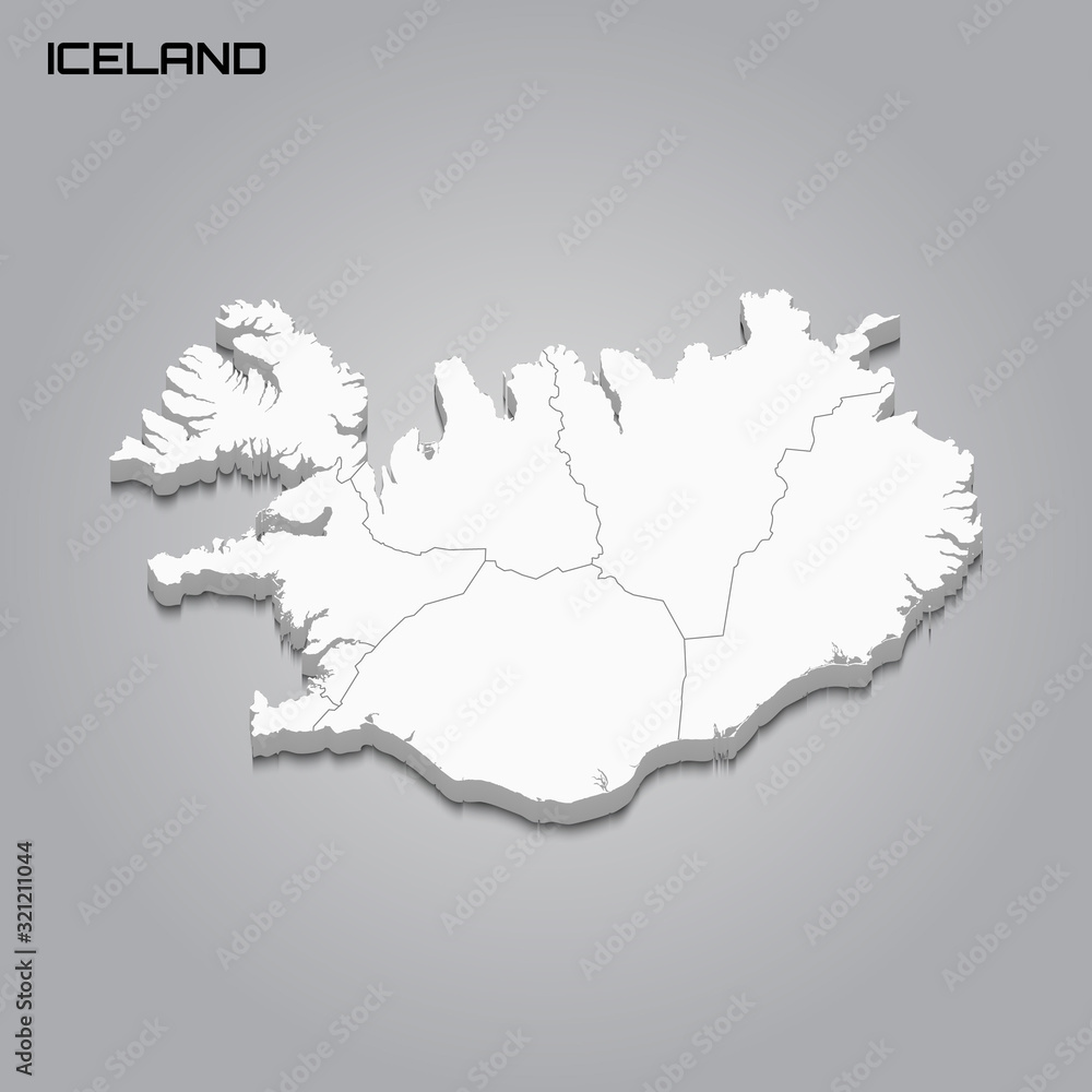 Iceland 3d map with borders of regions