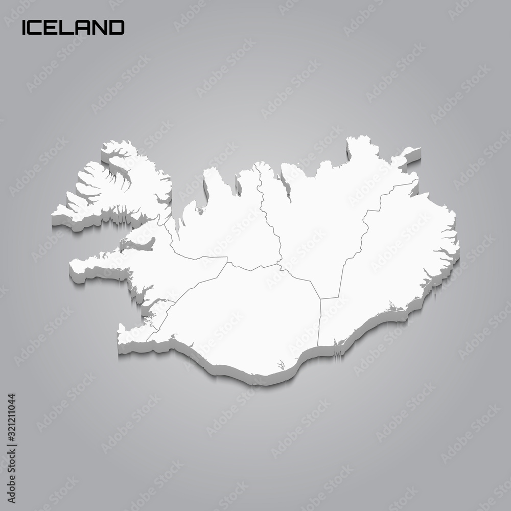 Iceland 3d map with borders of regions Iceland 3d map with borders of regions