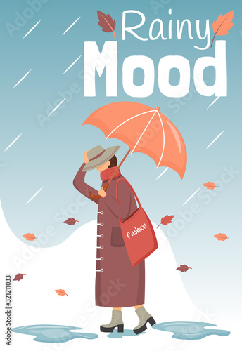 Rainy mood poster flat color vector template. Walking lady. Brochure, cover, booklet one page concept design with cartoon characters. Autumn nature. Advertising flyer, leaflet, banner, newsletter