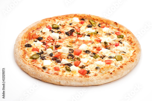 Fresh italian classic pizza with olives, mozzarella and jalapenos isolated on white background.