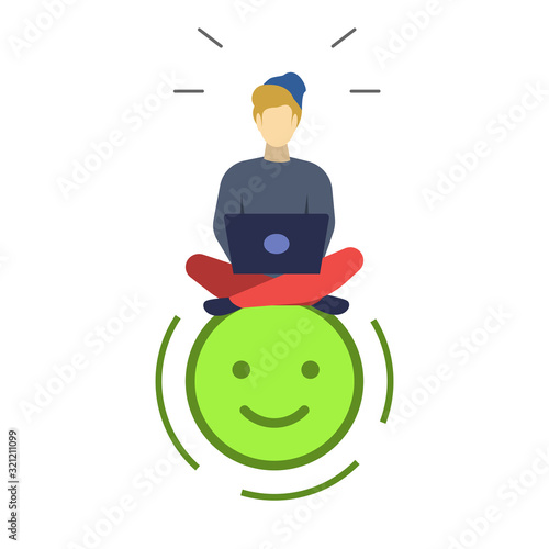 Satisfied user semi flat RGB color vector illustration. Positive emoticon. Happy man with laptop. Good mood. Quality evaluation. Feedback. Emotional review. Isolated cartoon character on white