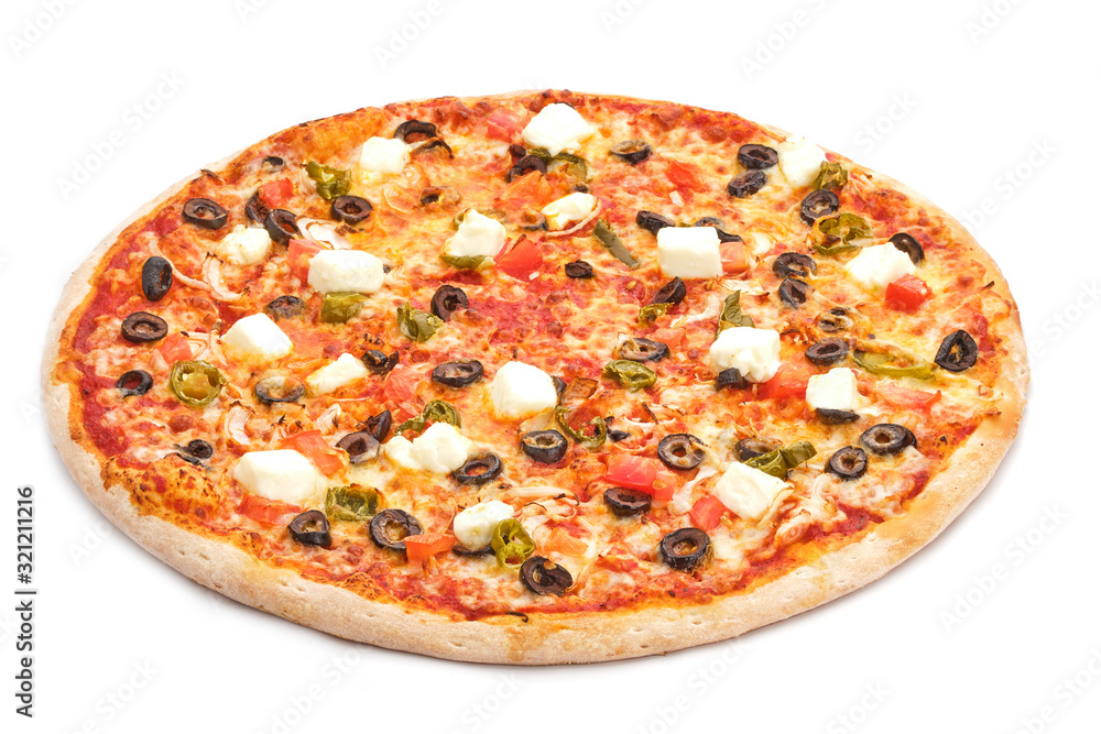 Tasty fresh italian classic pizza with mozzarella, olives, tomatoes and jalapenos isolated on white background.