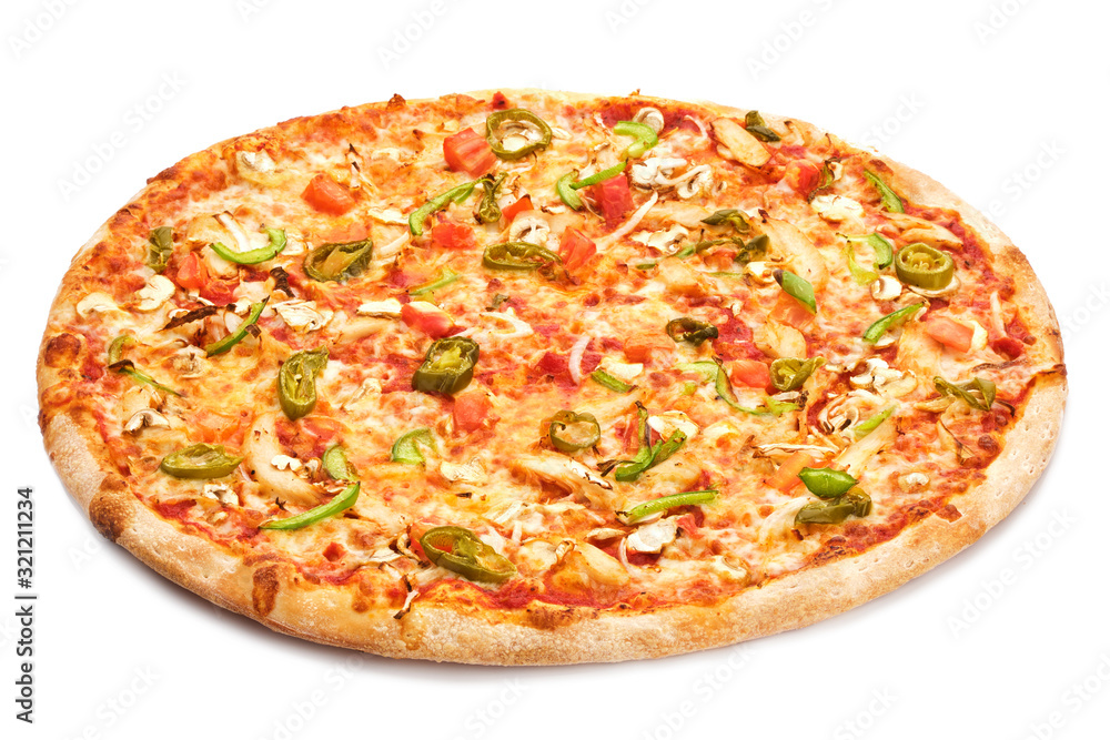 Tasty fresh italian classic pizza with tomatoes and jalapenos, mushrooms and onions isolated on white background.
