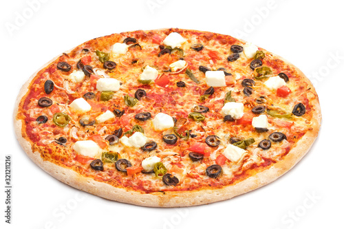 Tasty fresh italian classic pizza with mozzarella, olives, tomatoes and jalapenos isolated on white background.