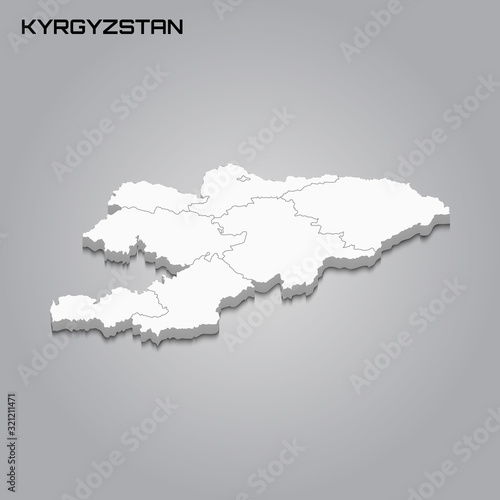 Kyrgyzstan 3d map with borders of regions