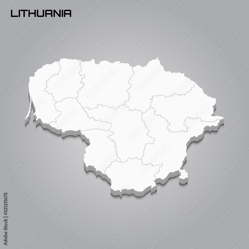 Lithuania 3d map with borders of regions