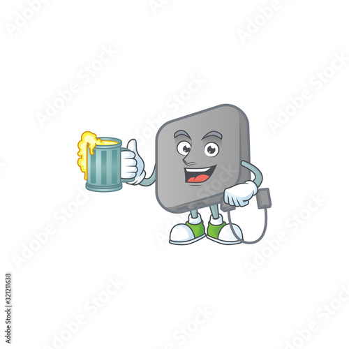 Smiley power bank mascot design holding a glass of beer