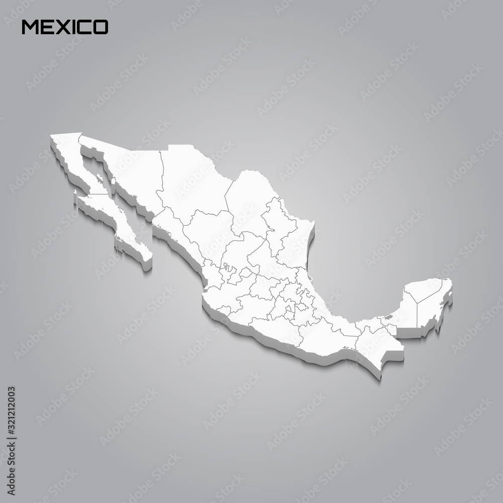 Mexico 3d map with borders of regions Stock Vector | Adobe Stock