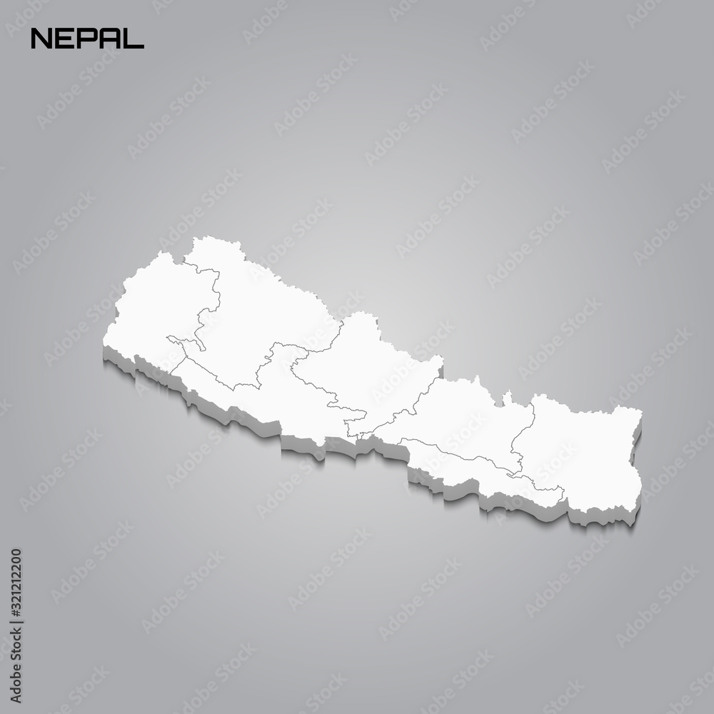 Nepal 3d map with borders of regions
