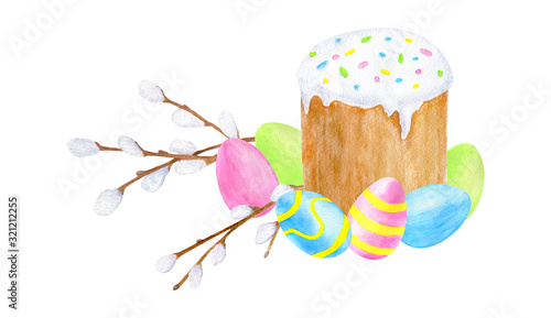 Watercolor traditional Easter cake with ising sugar, colored eggs and pussy willow branches. Hand drawn illustration isolated on white background for cards, decoration, holiday design.