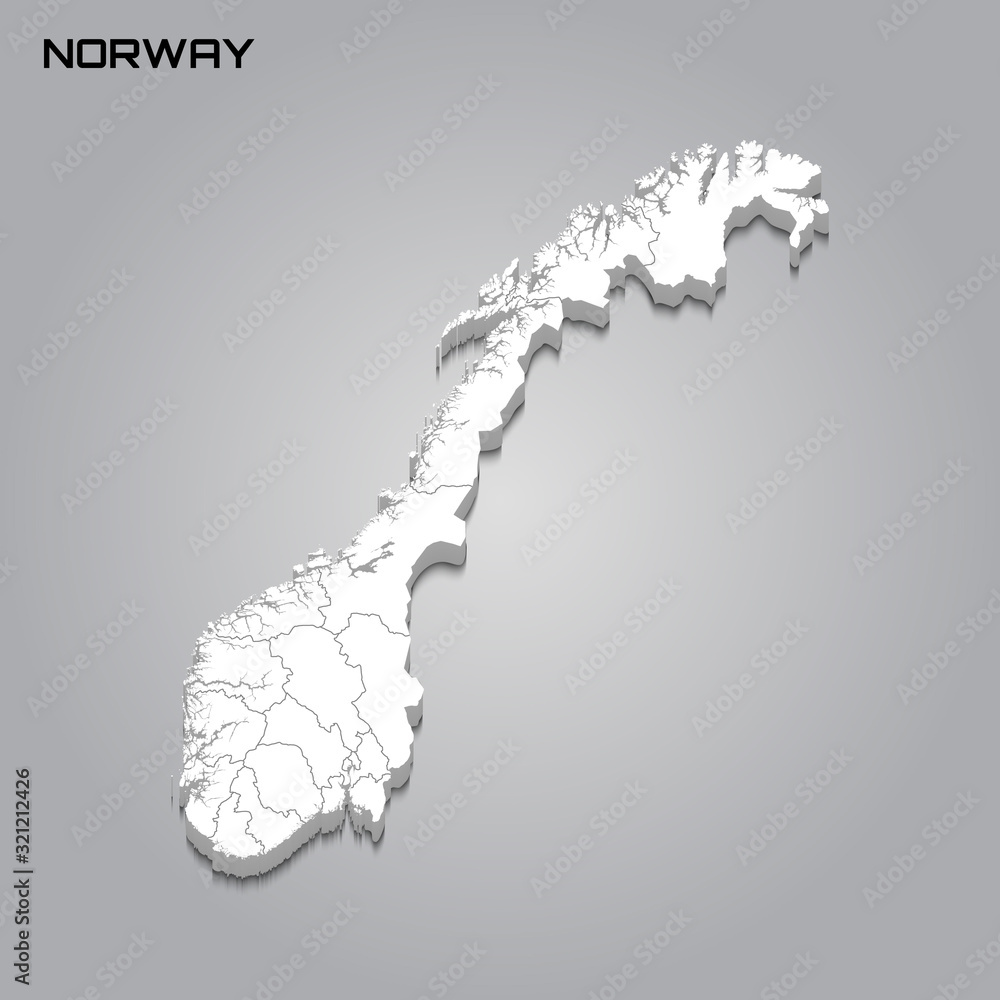 Norway 3d map with borders of regions Norway 3d map with borders of regions
