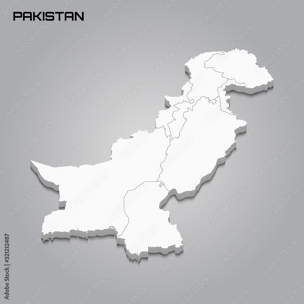 Pakistan 3d map with borders of regions