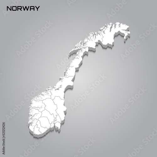 Norway 3d map with borders of regions