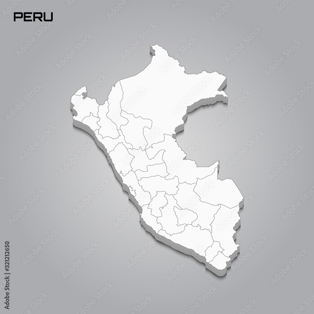 Peru 3d map with borders of regions