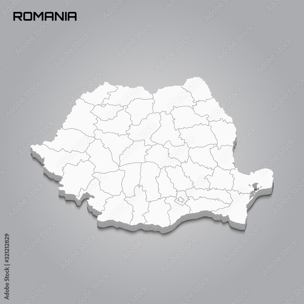 Romania 3d map with borders of regions