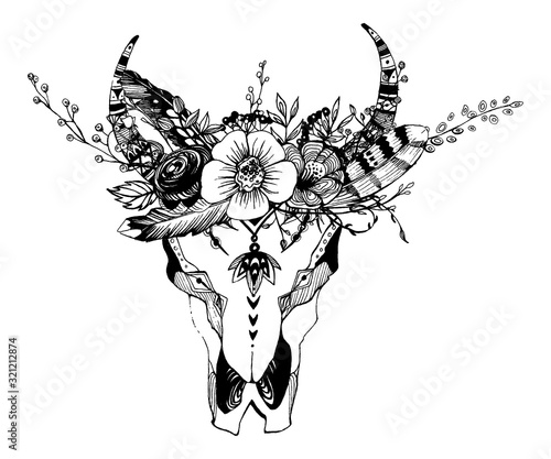 Cow, buffalo, bull skull in tribal style with flowers. Bohemian, boho vector illustration. Wild and free ethnic gypsy symbol.