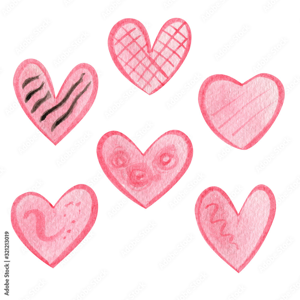Set of watercolor hearts.Watercolor pink heart.Hand Drawn watercolor illustration.Isolated on a white background.