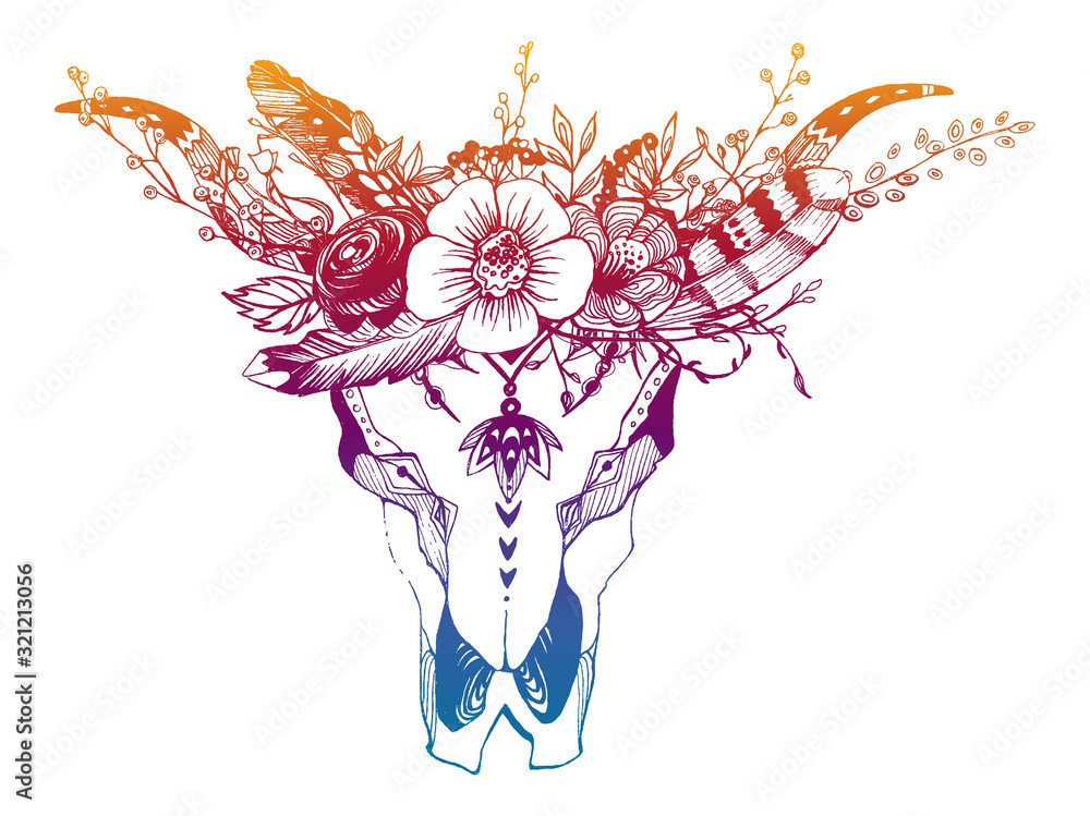 Cow, buffalo, bull skull in tribal style with flowers. Bohemian, boho ...