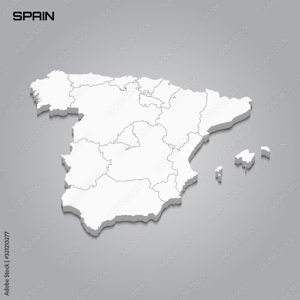Spain 3d map with borders of regions