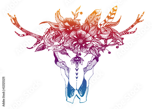 Cow, buffalo, bull skull in tribal style with flowers. Bohemian, boho vector illustration. Wild and free ethnic gypsy symbol.