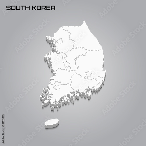 South Korea 3d map with borders of regions