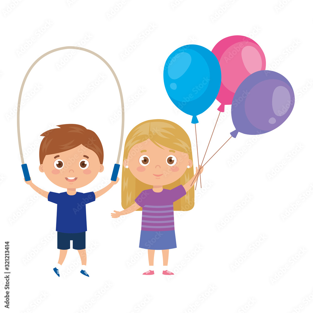 cute little children with jump rope and balloons helium vector illustration design