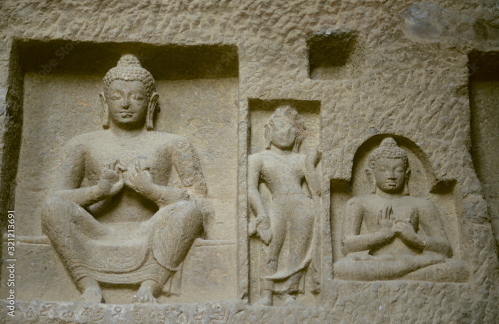 Buddhist carvings in Kanheri caves, Borivali National Park, Mumbai, India