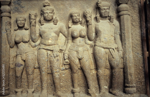 Buddhist carvings in Kanheri caves, Borivali National Park, Mumbai, India.
