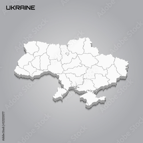 Ukraine 3d map with borders of regions