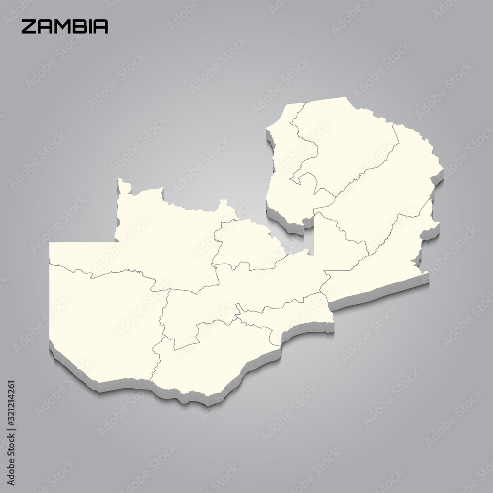 Zambia 3d map with borders of regions