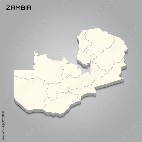 Zambia 3d map with borders of regions