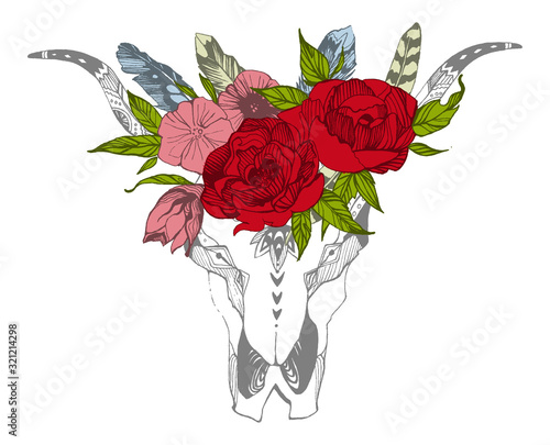 Cow  buffalo  bull skull in tribal style with flowers. Bohemian  boho vector illustration. Wild and free ethnic gypsy symbol.