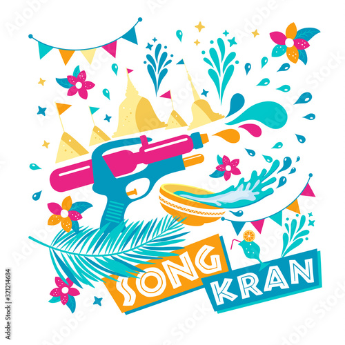 Songkran Festival in Thailand of April, water gun, flowers tropical, nature,flags. Celebration of new year.
