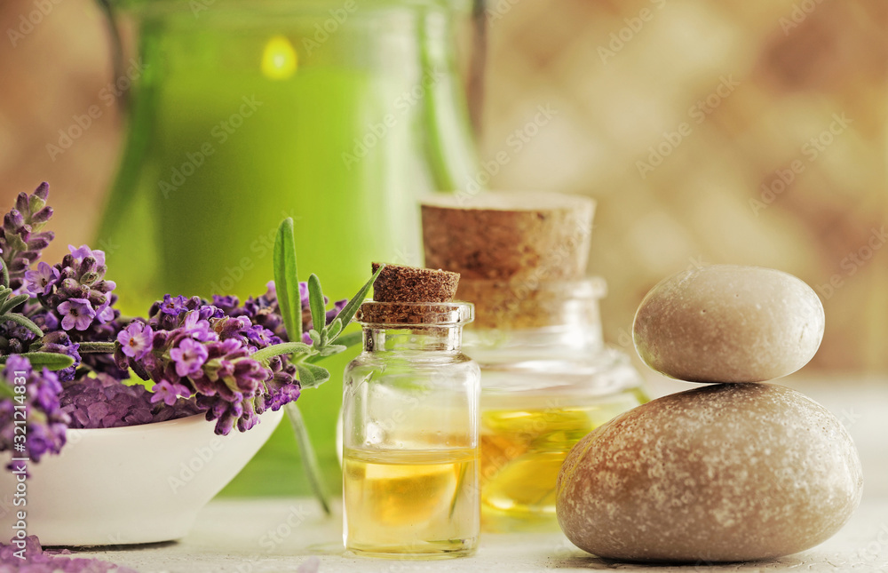 SPA products with essential oils and lavender flowers SPA products with essential oils and lavender flowers