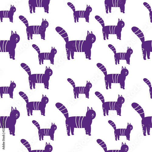 Seamless pattern with cute purple striped cat on white background. Cartoon flat pet characters. Vector illustration.