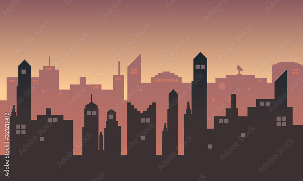 Urban silhouette with evening sky and many tall apartment
