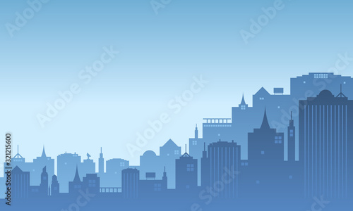 Vector illustration in an urban environment with tall buildings in the morning