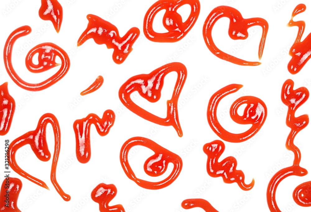 Red ketchup spreading, splashes, set and collection isolated on white background, tomato puree texture, top view Red ketchup spreading, splashes, set and collection isolated on white background, tomato puree texture, top view
