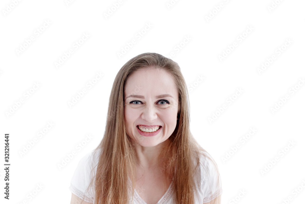 Exited grinning woman with expression on her face, close-up portrait of natural attractive female Exited grinning woman with expression on her face, close-up portrait of natural attractive female