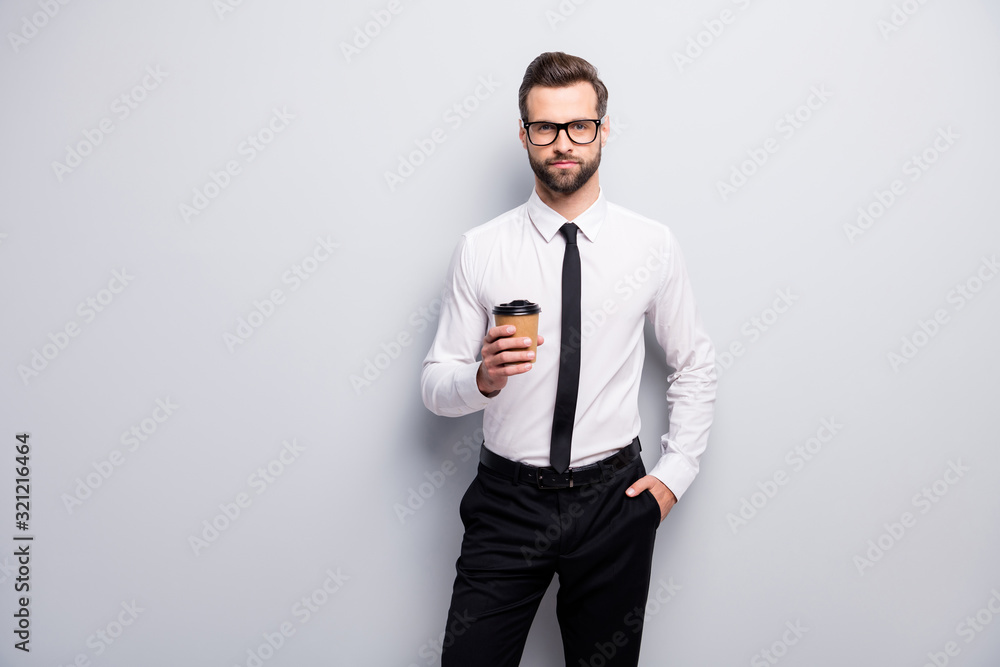 Portrait of confident cool freelancer representative man rest relax after business meeting hold espresso cardboard cup wear white good look clothes isolated over grey color background Portrait of confident cool freelancer representative man rest relax after business meeting hold espresso cardboard cup wear white good look clothes isolated over grey color background
