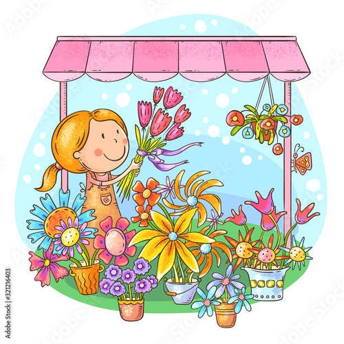 Florist girl selling bouquets at the flower stand or shop