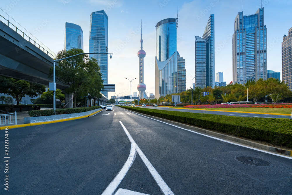 Expressways and skyscrapers in Lujiazui financial center, Shanghai, China