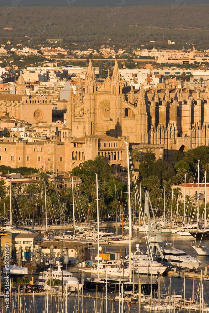 View on harbour, old town and cathedral, Palma, Majorca, Spain, Europe