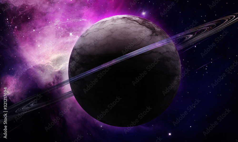 abstract space illustration, 3D image, bright purple planet Saturn and space nebula