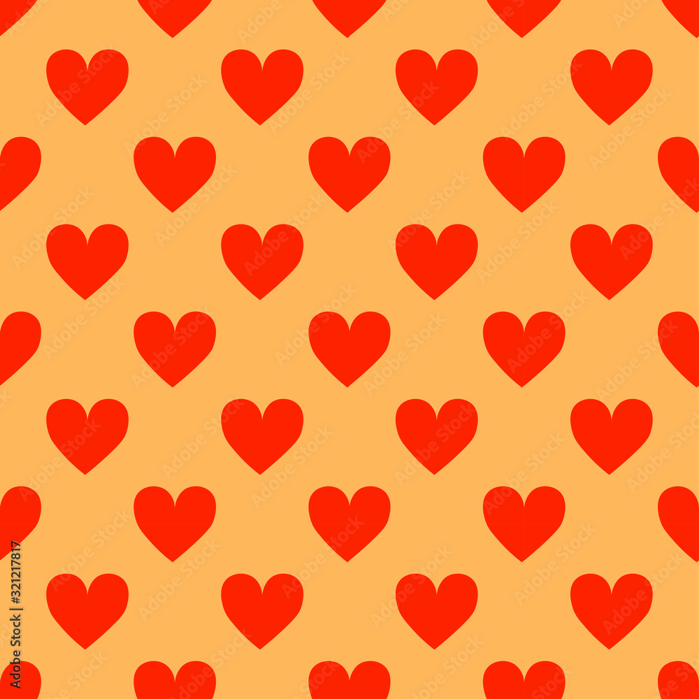 Valentines Day pattern with red hearts on orange background