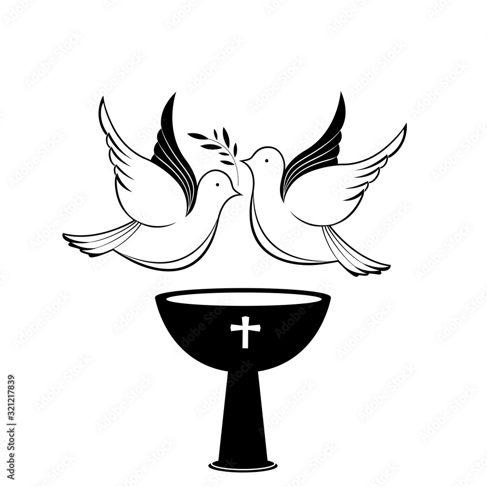Φωτογραφία A couple of pigeons with a branch above the baptismal bowl