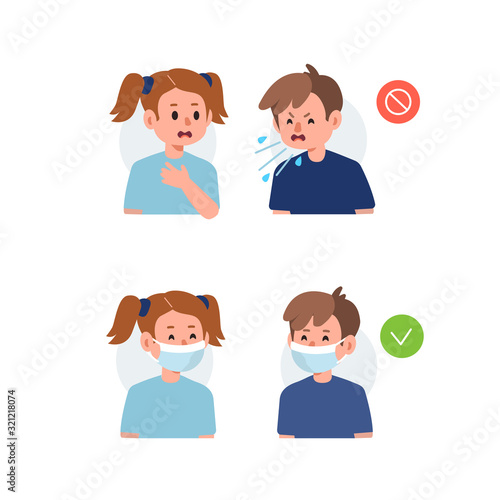Kid Character Sneezing and Coughing. Medical Recommendation How to Use Facial Protection Mask. Prevention against Virus and Infection. Hygiene Concept.  Flat Cartoon Vector Illustration.